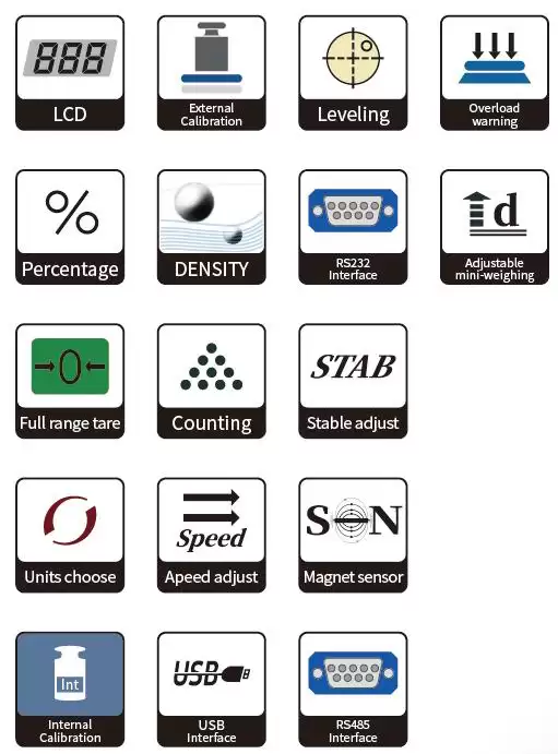Internal auto calibration (FA-EN) Electromagnetic force sensor LCD Internal auto calibration (FA-EN) Electromagnetic force sensor LCD (White back light with black font) Tare function /